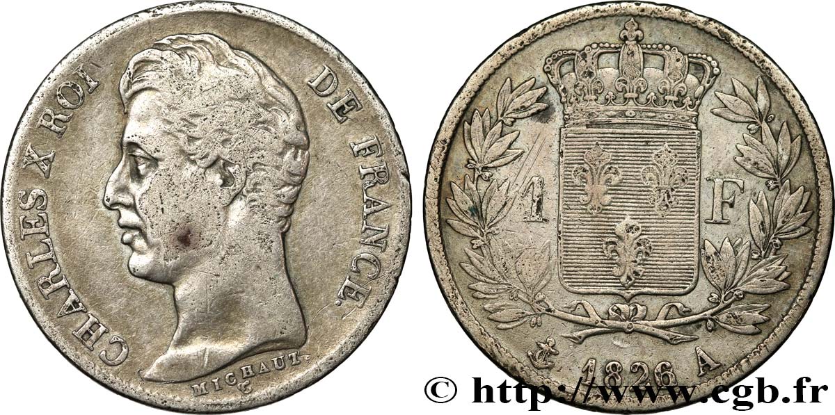 1 franc Charles X, matrice du revers à cinq feuilles 1826 Paris F.207/12 TB 