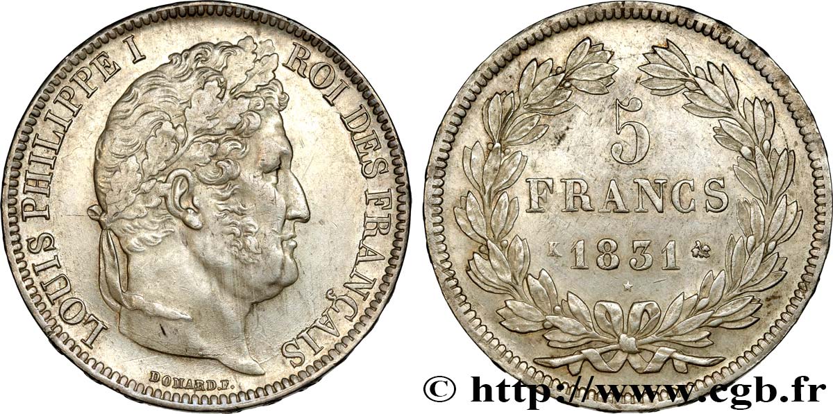 5 francs Ier type Domard, tranche en relief 1831 Bordeaux F.320/7 VZ55 