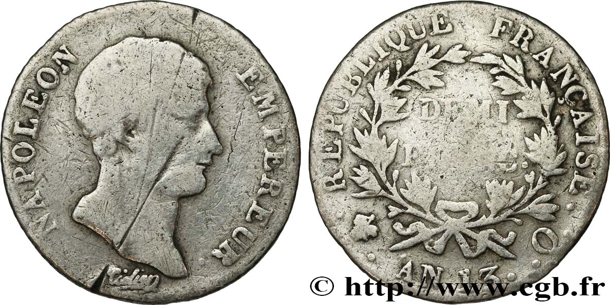 Demi-franc Napoléon Empereur, Calendrier révolutionnaire 1805 Perpignan F.174/22 RC 