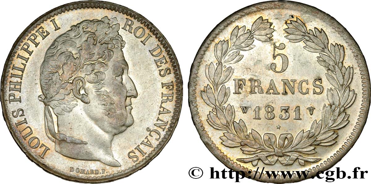 5 francs Ier type Domard, tranche en relief 1831 Lille F.320/13 AU 