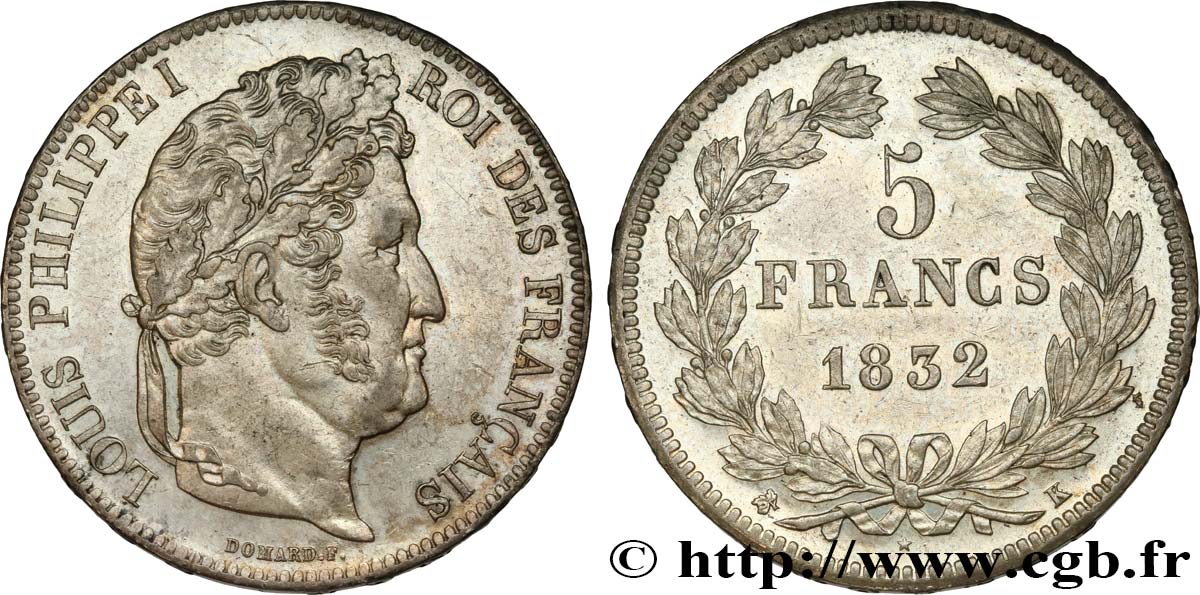5 francs, IIe type Domard 1832 Bordeaux F.324/7 AU58 