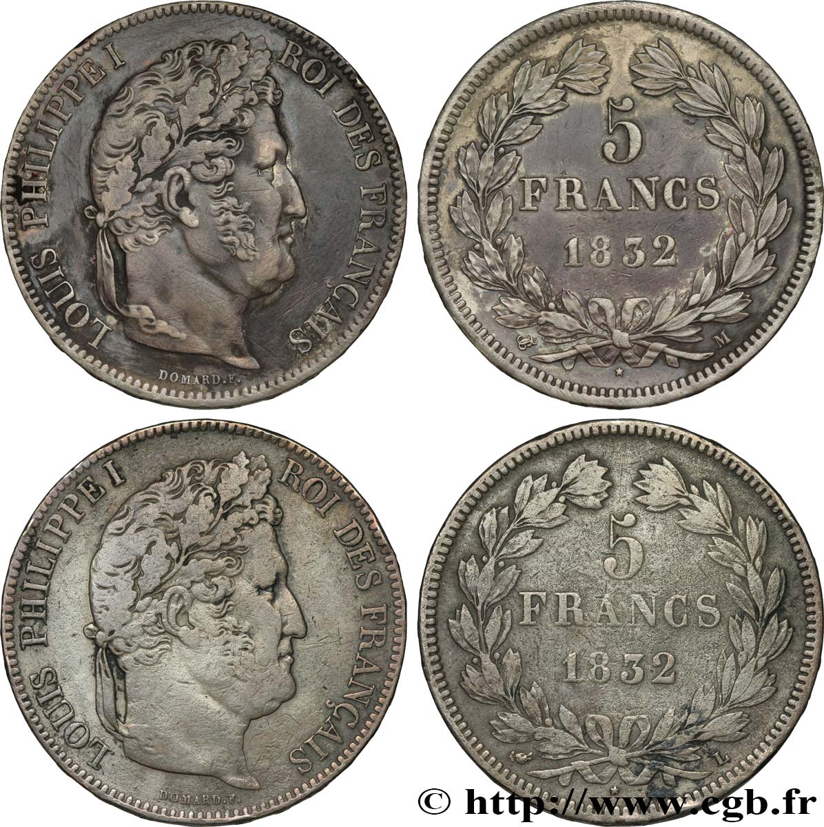 Lot de deux 5 francs IIe type Domard 1832 s.l. F.324/8 BC/MBC 