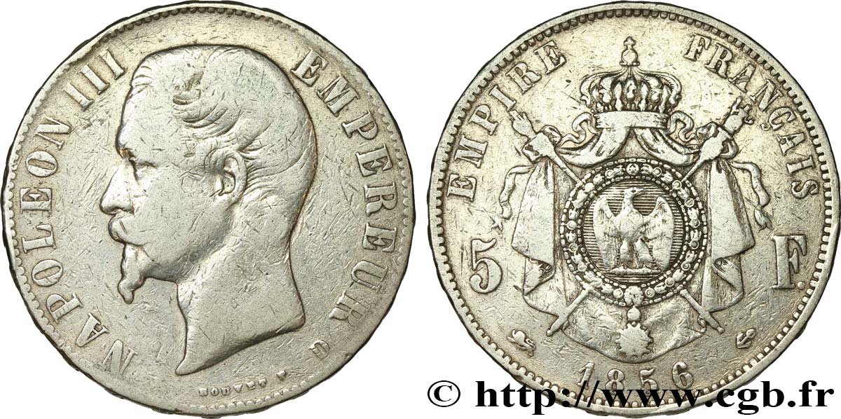 5 francs Napoléon III, tête nue 1856 Lyon F.330/9 TB 