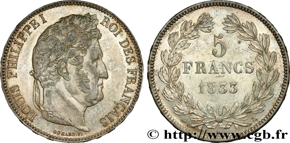5 francs IIe type Domard 1833 Bayonne F.324/22 SUP60 