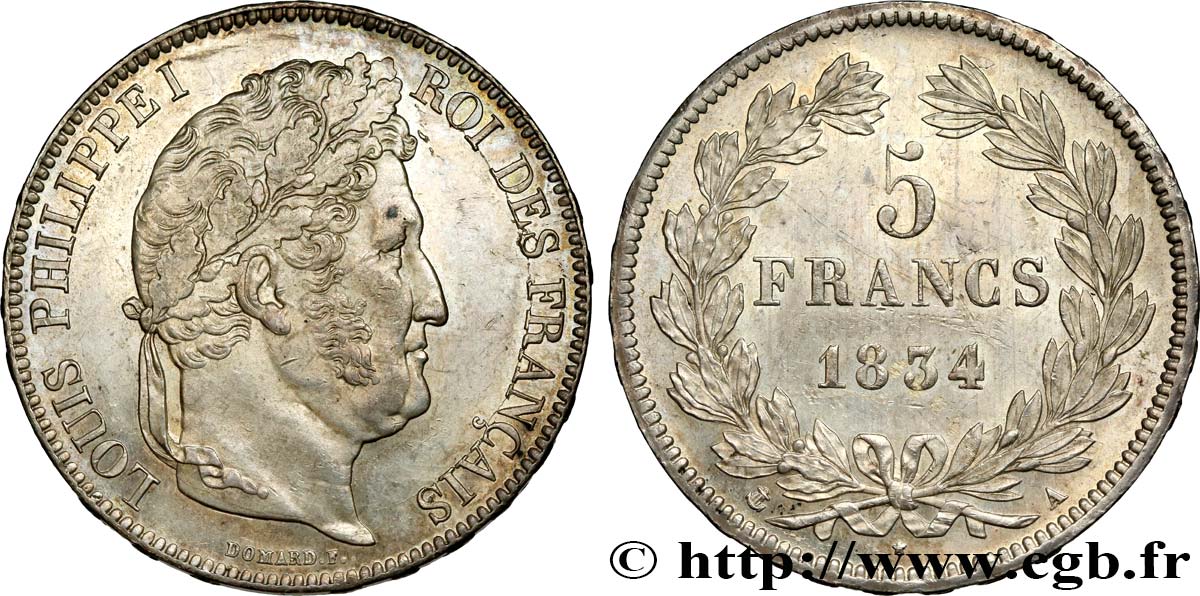 5 francs IIe type Domard 1834 Paris F.324/29 MS61 