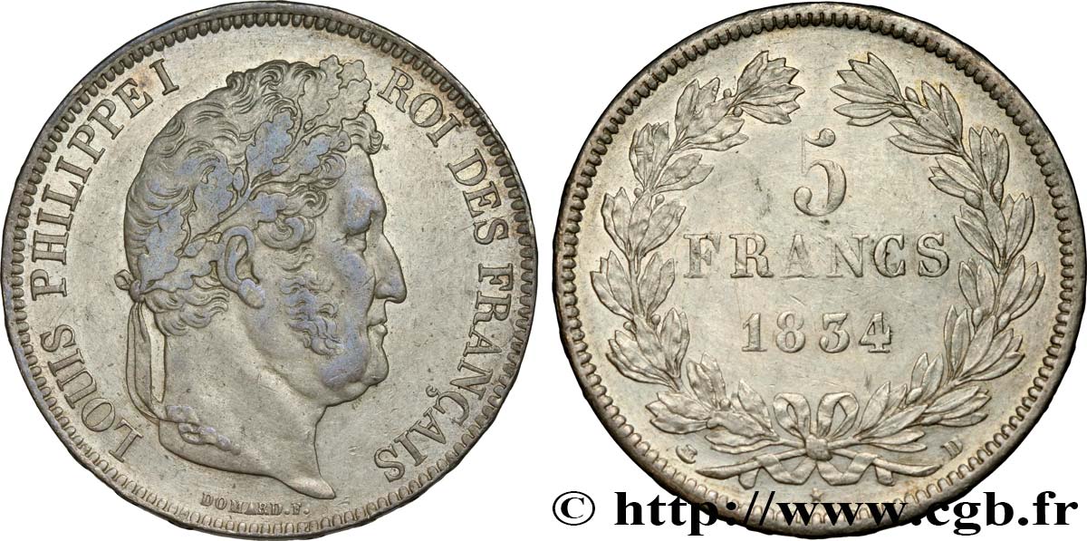 5 francs IIe type Domard 1834 Lyon F.324/32 AU56 