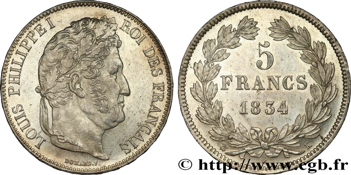 5 francs IIe type Domard 1834 Bordeaux F.324/35 MS61 