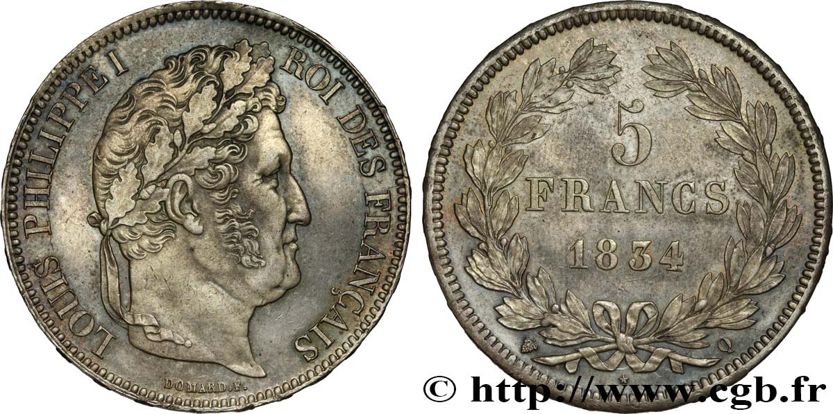 5 francs, IIe type Domard 1834 Perpignan F.324/39 VZ58 