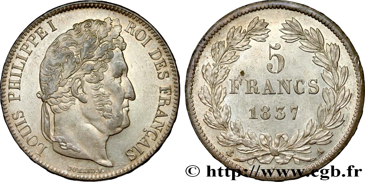 5 francs IIe type Domard 1837 Paris F.324/61 SPL61 