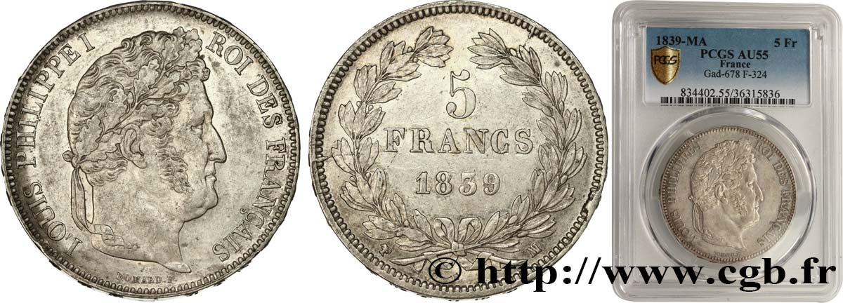 5 francs IIe type Domard 1839 Marseille F.324/81 AU55 PCGS
