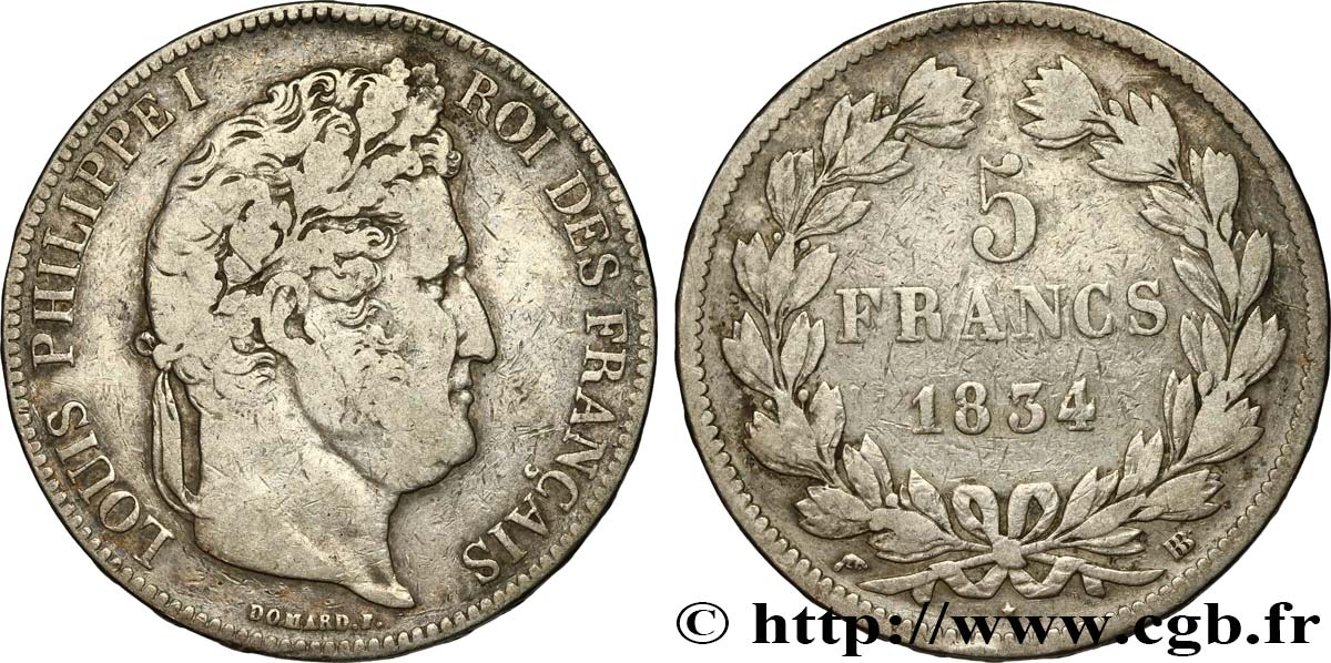 5 francs IIe type Domard 1834 Strasbourg F.324/31 VF 