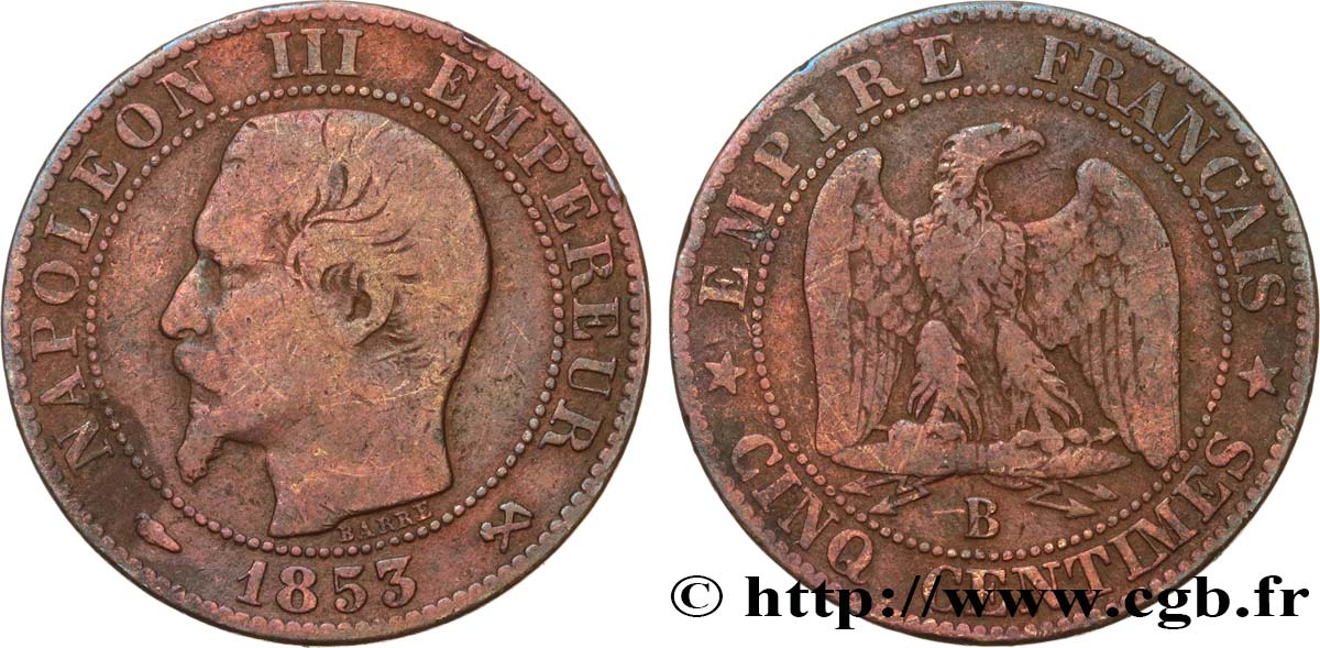 Cinq centimes Napoléon III, tête nue 1853 Rouen F.116/2 VF20 