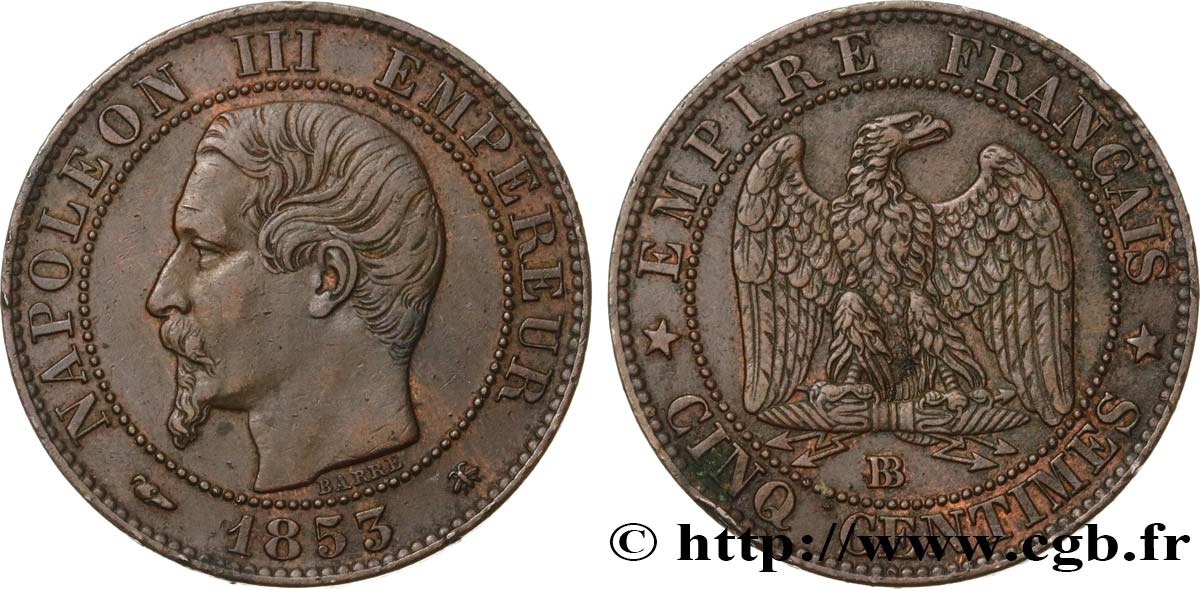 Cinq centimes Napoléon III, tête nue 1853 Strasbourg F.116/3 TTB48 