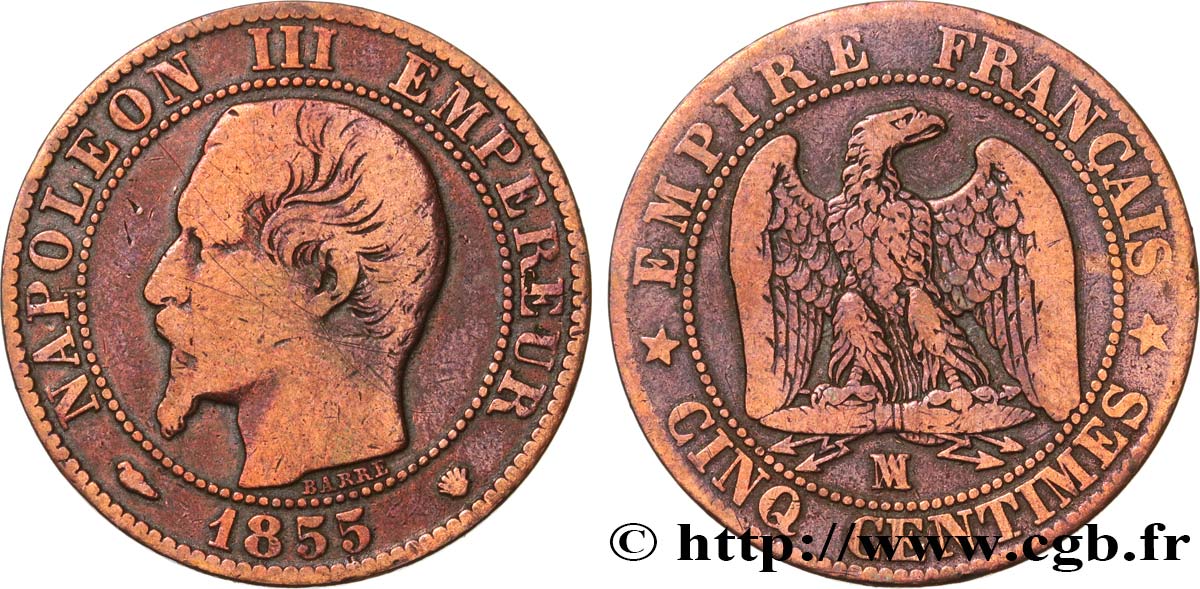 Cinq centimes Napoléon III, tête nue 1855 Marseille F.116/26 MB15 