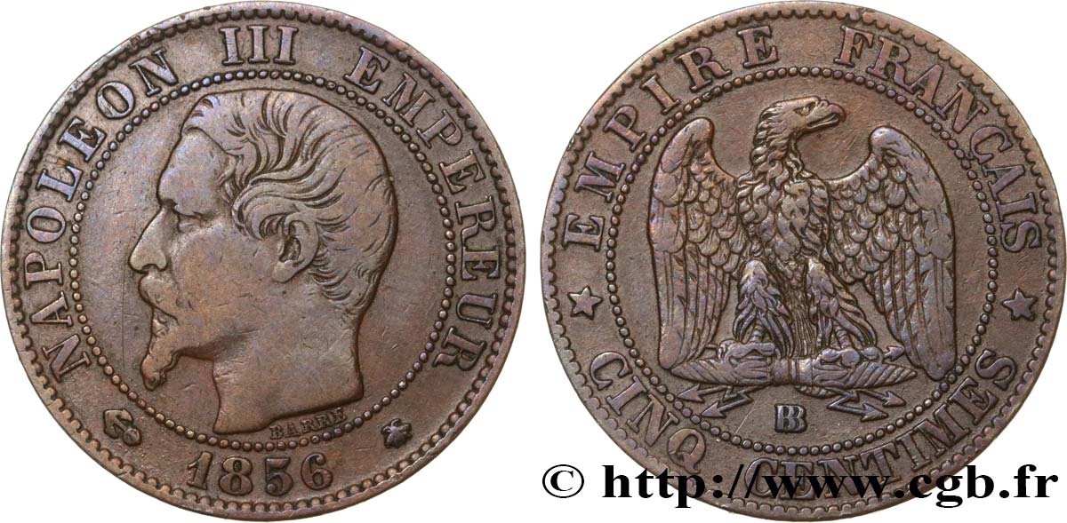 Cinq centimes Napoléon III, tête nue 1856 Strasbourg F.116/32 VF35 
