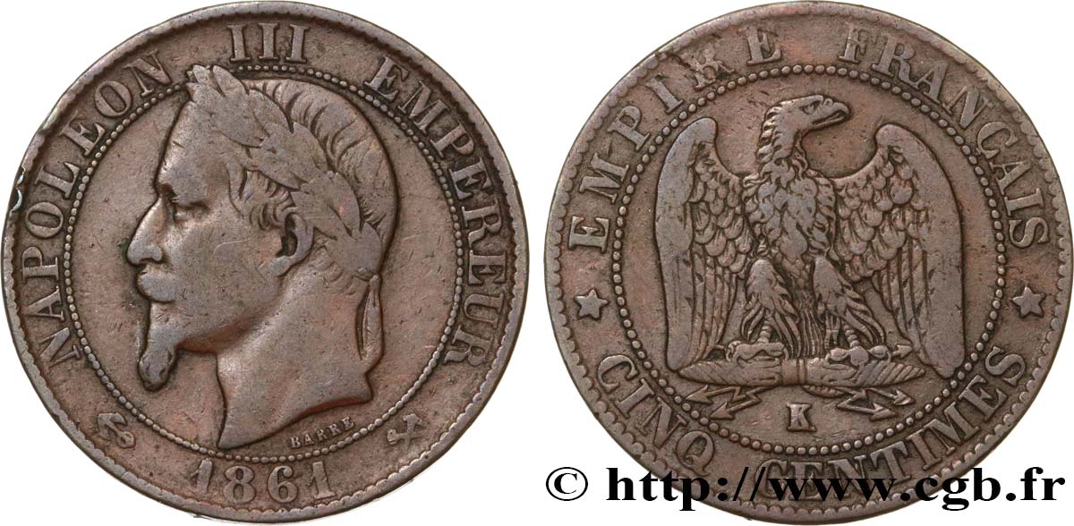 Cinq centimes Napoléon III, tête laurée 1861 Bordeaux F.117/6 S20 