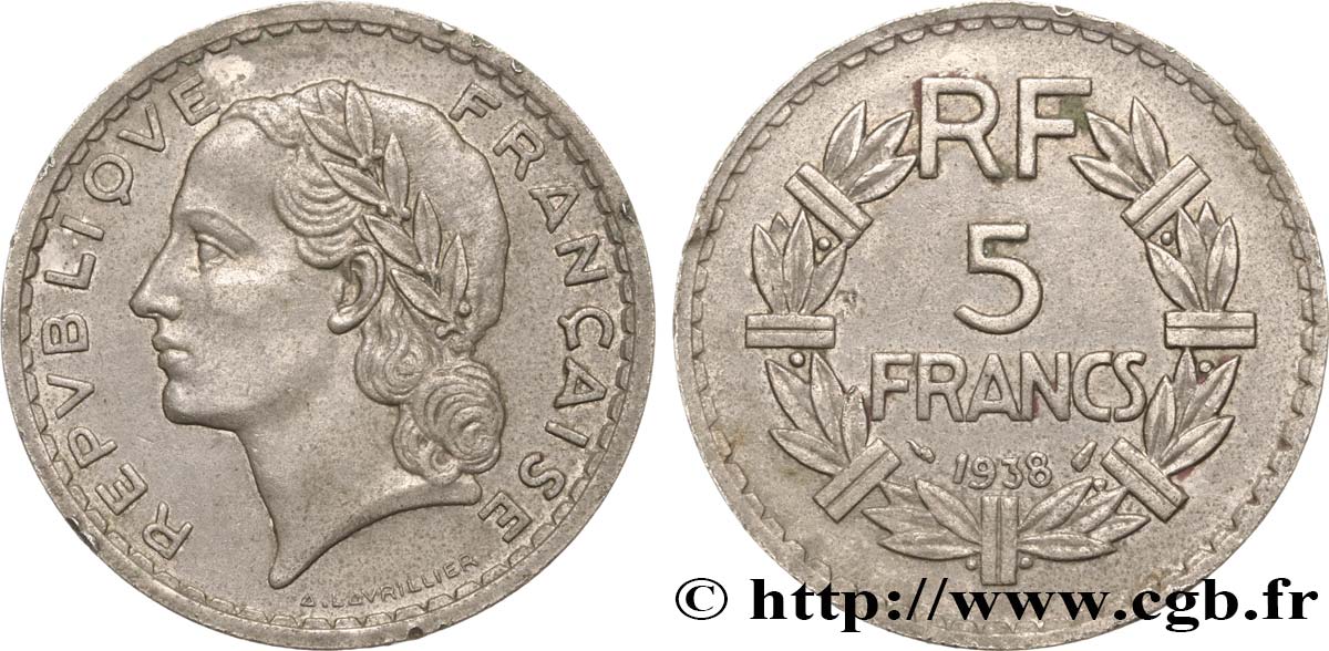 5 francs Lavrillier, nickel 1938  F.336/7 TTB 