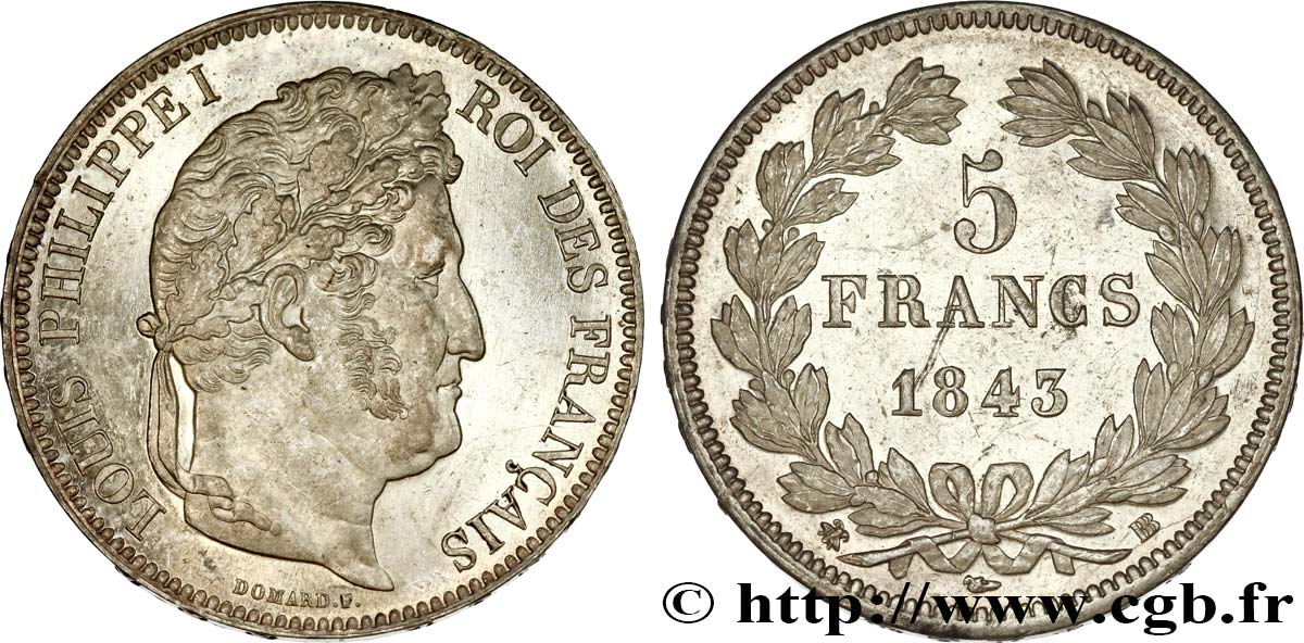 5 francs IIe type Domard 1843 Strasbourg F.324/102 SUP60 