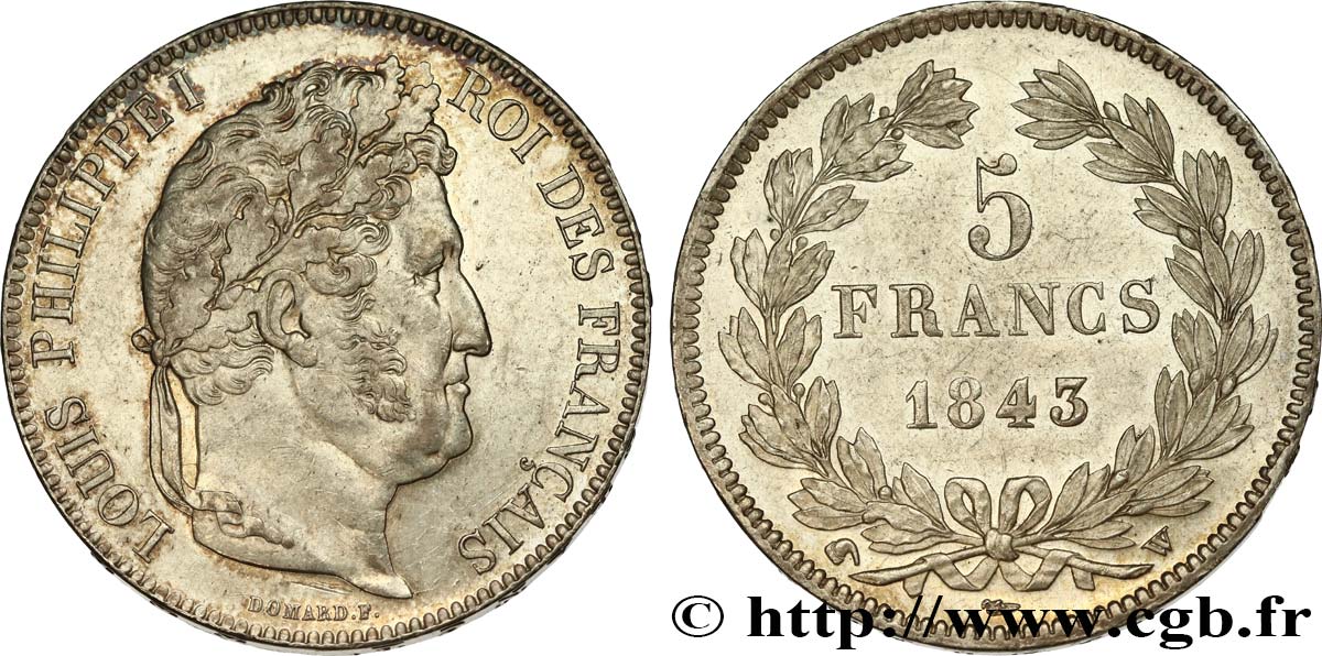 5 francs IIe type Domard 1843 Lille F.324/104 EBC58 