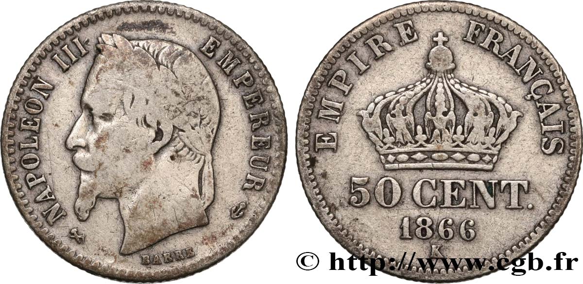 50 centimes Napoléon III, tête laurée 1866 Bordeaux F.188/11 S 
