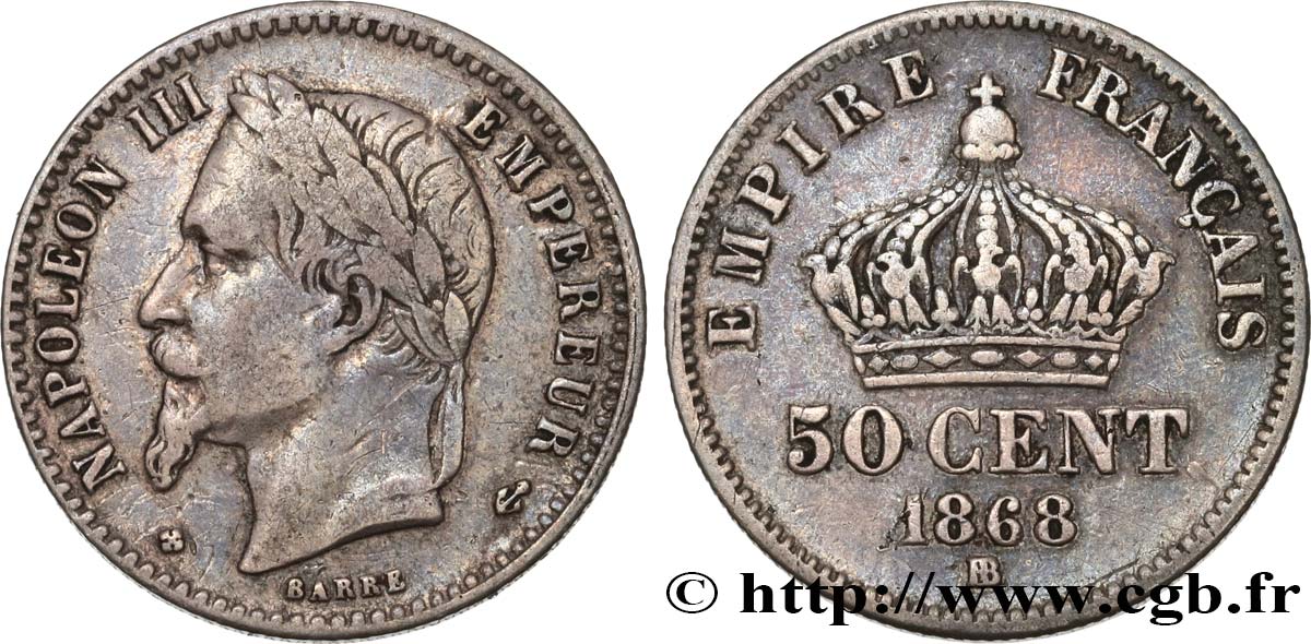 50 centimes Napoléon III, tête laurée 1868 Strasbourg F.188/22 TB25 