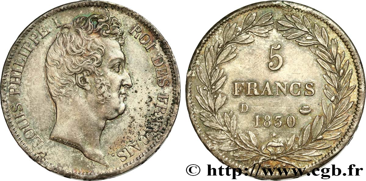 5 francs type Tiolier avec le I, tranche en creux 1830 Lyon F.315/4 VZ 