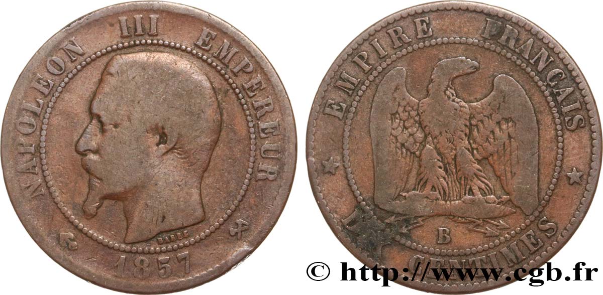Dix centimes Napoléon III, tête nue 1857 Rouen F.133/42 F12 