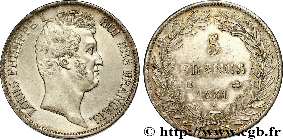 5 francs type Tiolier avec le I, tranche en creux 1831 Lyon F.315/17 VZ+ 