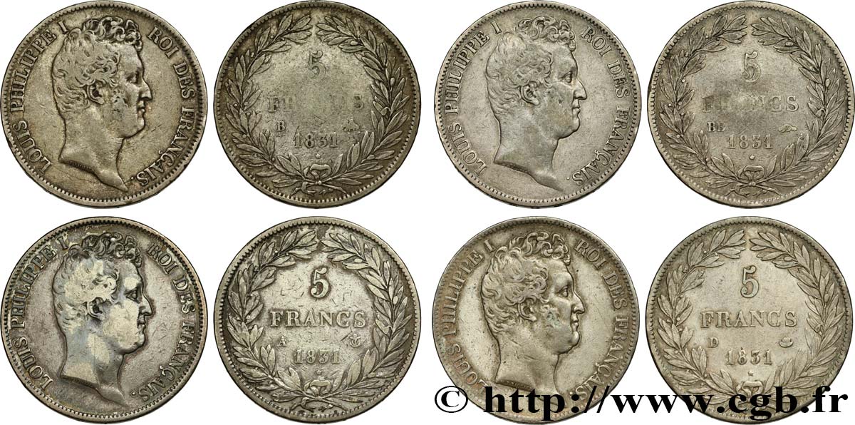 Lot de quatre pièces de 5 francs type Tiolier avec le I, tranche en creux 1831 s.l. F.315/14 VF/XF 