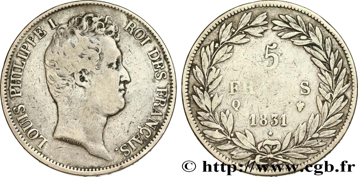 5 francs type Tiolier avec le I, tranche en creux 1831 Perpignan F.315/25 VF25 