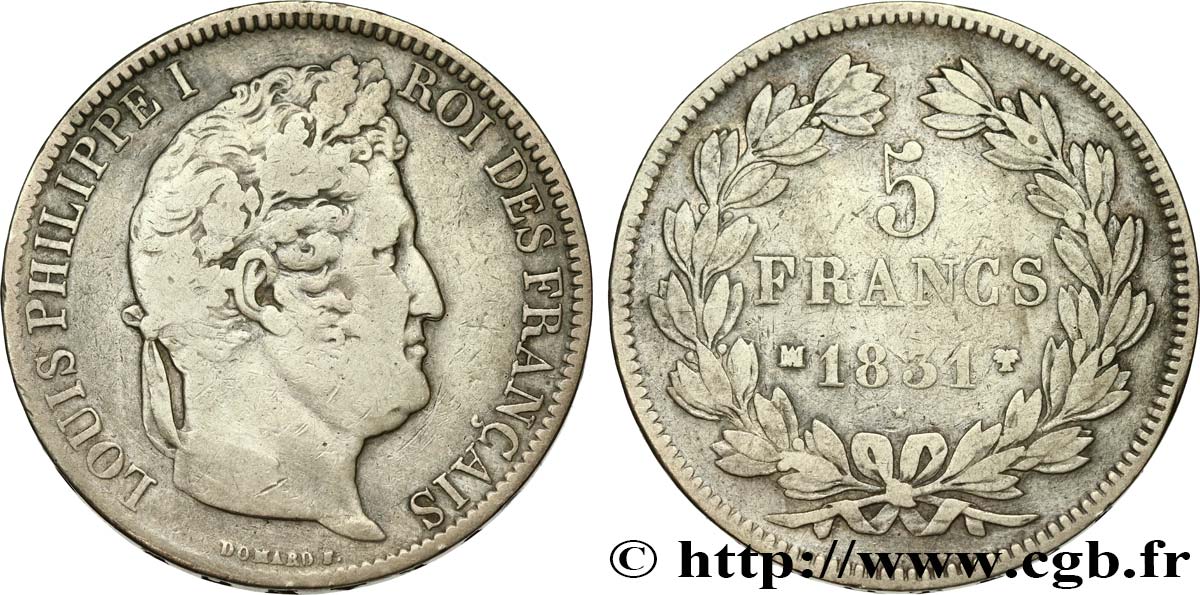 5 francs Ier type Domard, tranche en creux 1831 Marseille F.319/6 VF30 