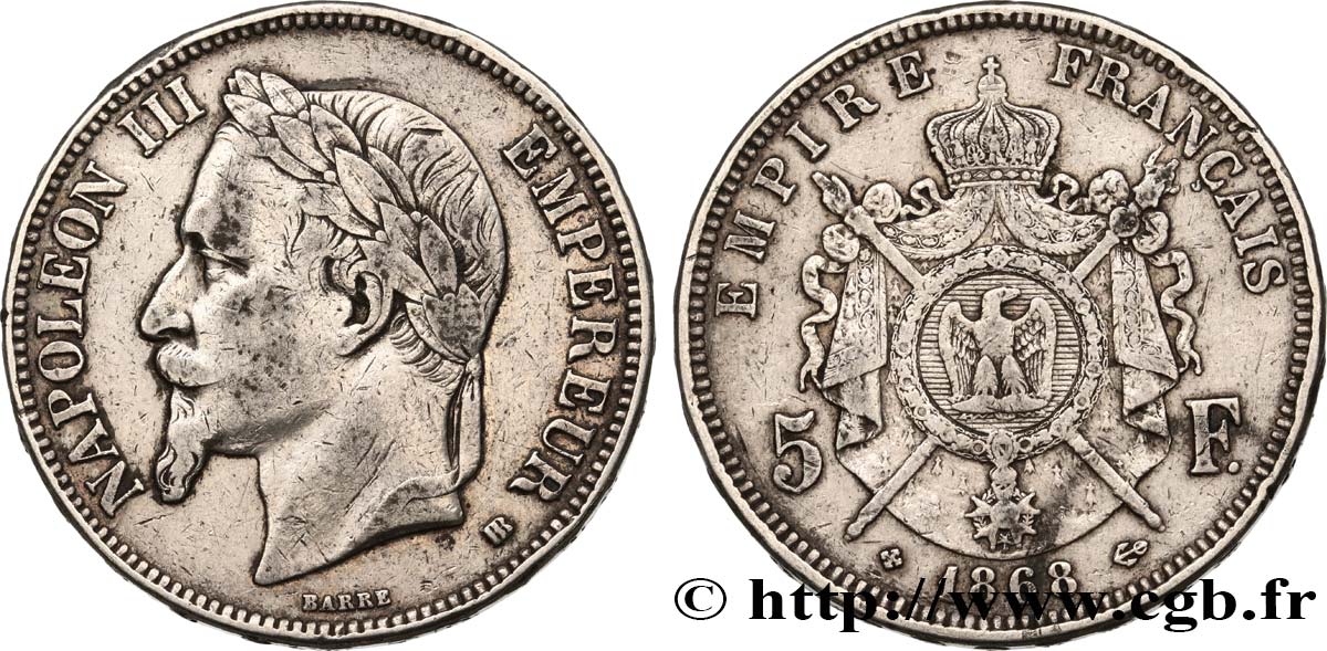 5 francs Napoléon III, tête laurée 1868 Strasbourg F.331/13 TB 