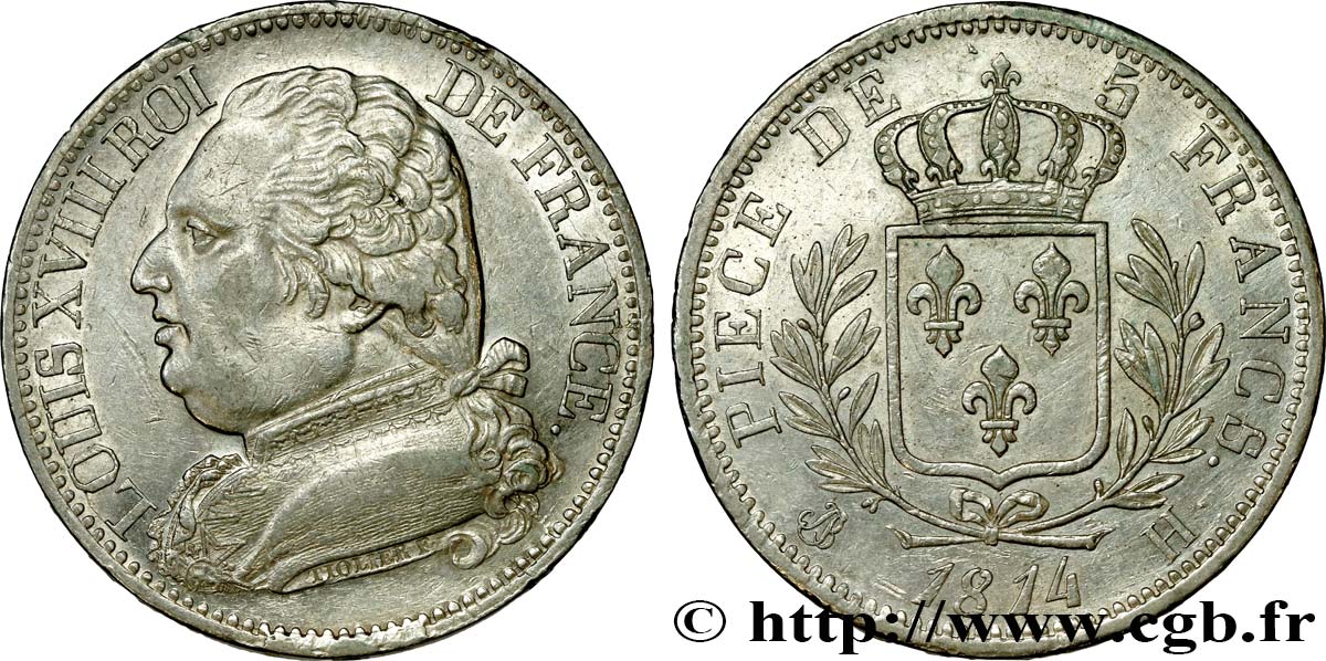5 francs Louis XVIII, buste habillé 1814 La Rochelle F.308/5 AU52 