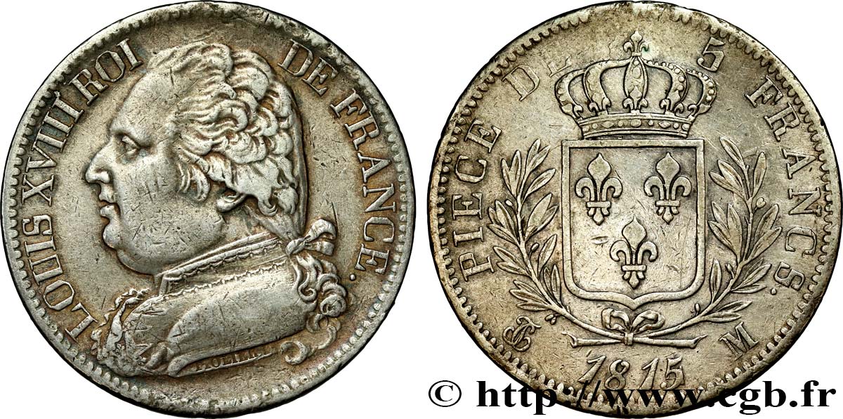 5 francs Louis XVIII, buste habillé 1815 Toulouse F.308/26 MBC40 