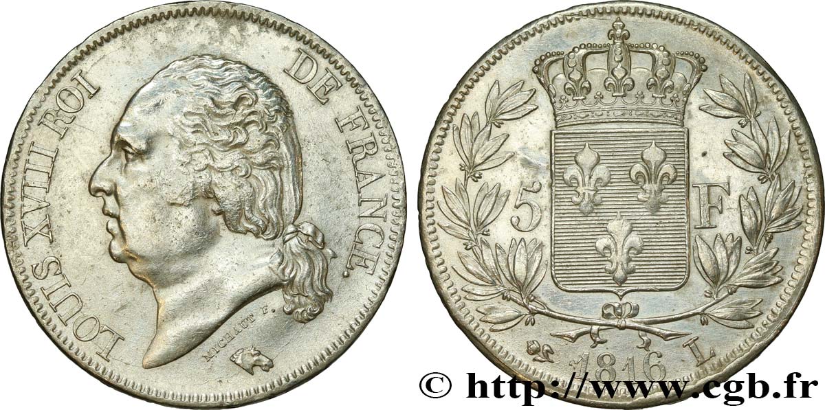 5 francs Louis XVIII, tête nue 1816 Bayonne F.309/8 fVZ 