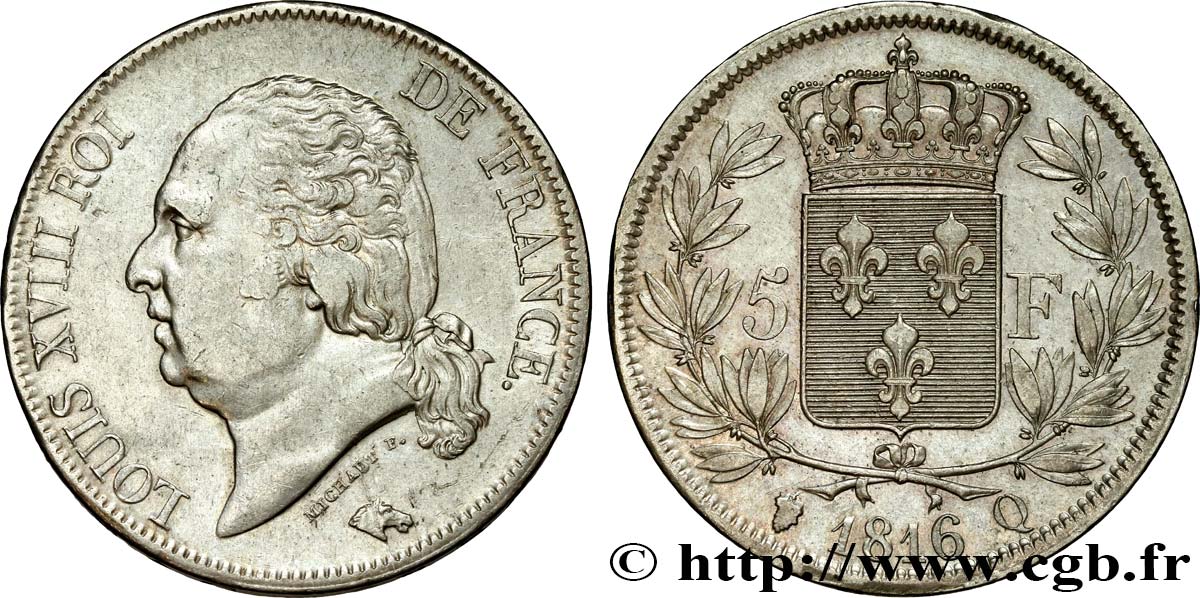 5 francs Louis XVIII, tête nue 1816 Perpignan F.309/11 SS48 