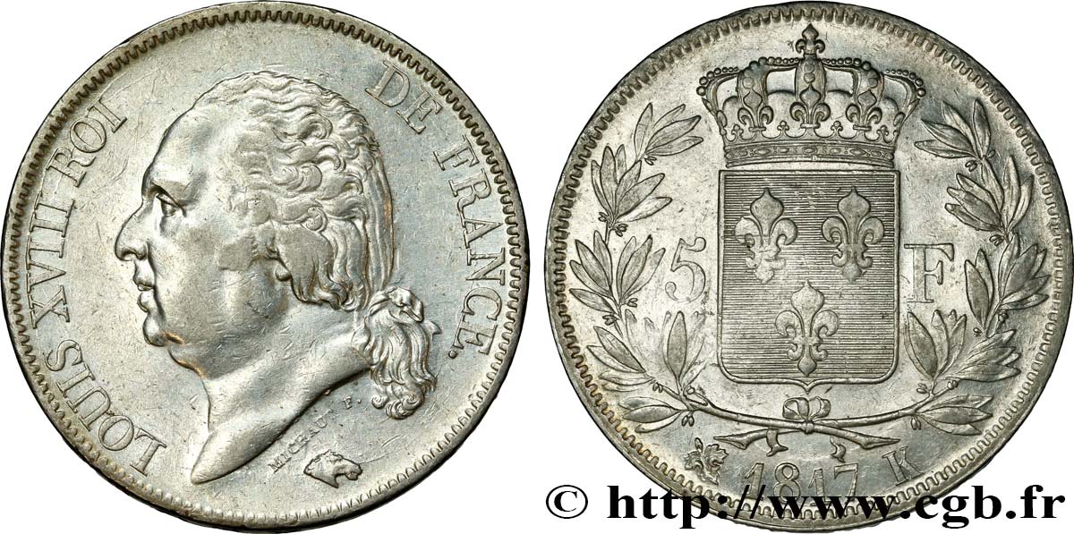 5 francs Louis XVIII, tête nue 1817 Bordeaux F.309/21 TTB50 