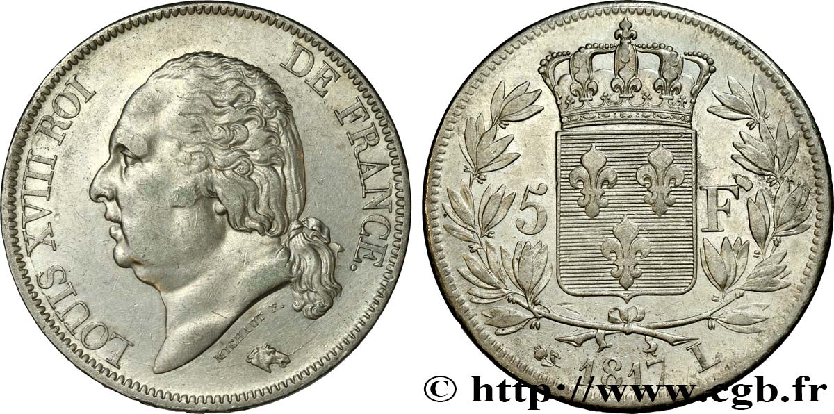 5 francs Louis XVIII, tête nue 1817 Bayonne F.309/22 MBC48 