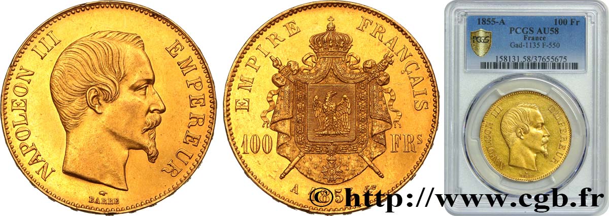 100 francs or Napoléon III, tête nue 1855 Paris F.550/1 VZ58 PCGS
