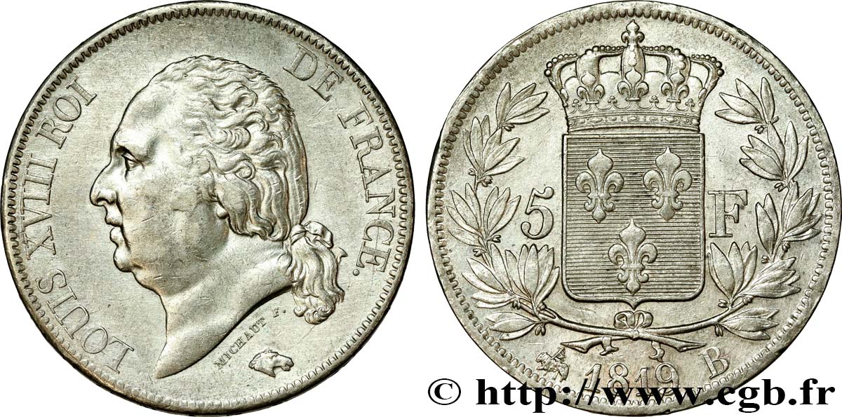5 francs Louis XVIII, tête nue 1819 Rouen F.309/41 AU52 
