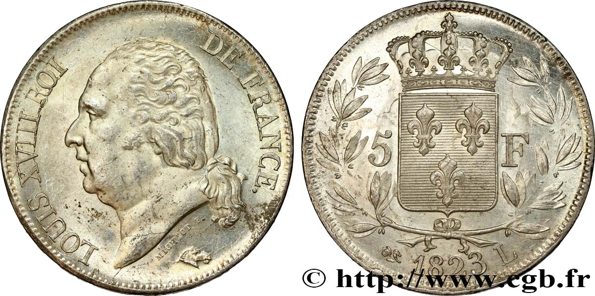 5 francs Louis XVIII, tête nue 1823 Bayonne F.309/83 SPL60 