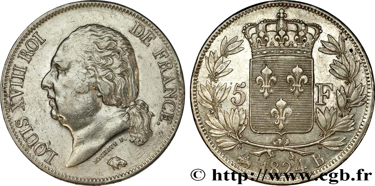 5 francs Louis XVIII, tête nue 1824 Rouen F.309/89 MBC+ 