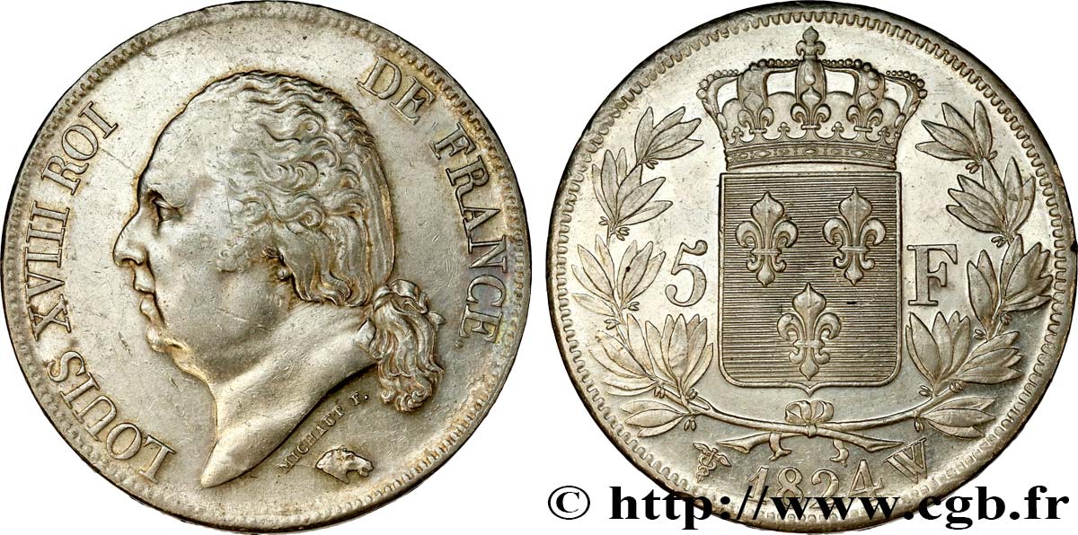 5 francs Louis XVIII, tête nue 1824 Lille F.309/98 SUP55 