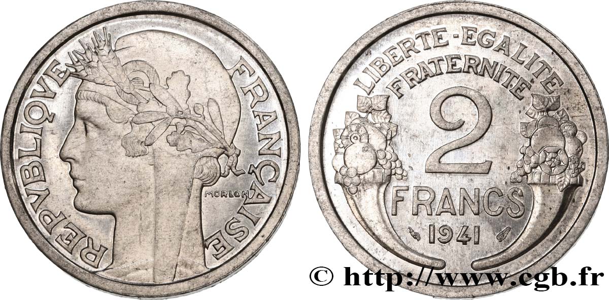 2 francs Morlon aluminium, frappe courante, poids lourd, 2,5 grammes 1941 Paris F.269/2 var. MS64 