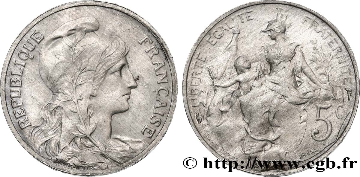 Essai de 5 centimes Daniel-Dupuis, en aluminium, poids léger 1908 Paris GEM.14 18 var. SUP 