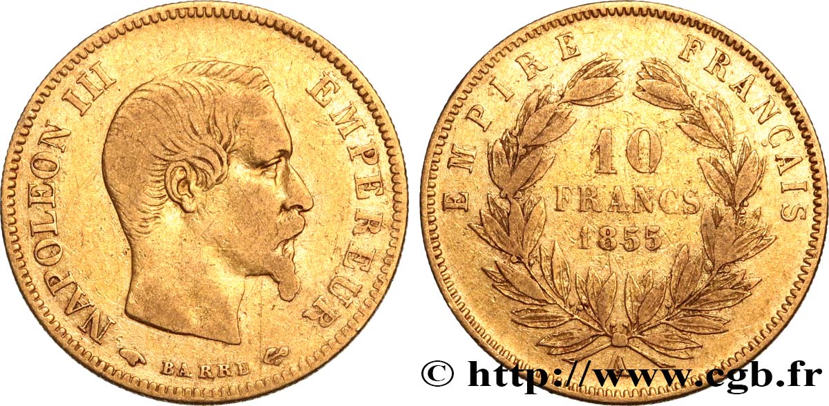 10 francs or Napoléon III, tête nue, grand module 1855 Paris F.506/1 TB25 