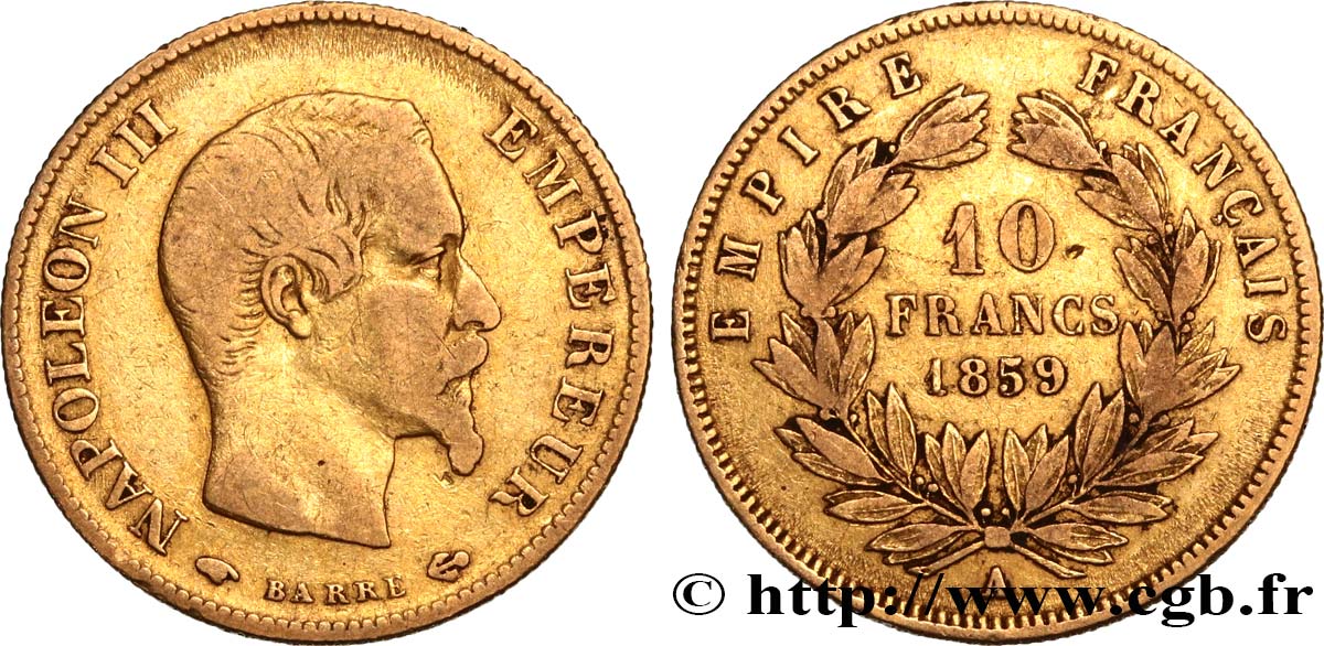 10 francs or Napoléon III, tête nue 1859 Paris F.506/7 S25 