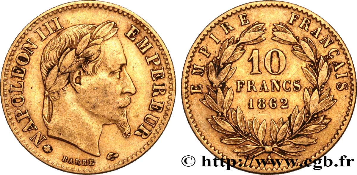 10 francs or Napoléon III, tête laurée, type définitif à grand 10 1862 Paris F.507A/1 S35 