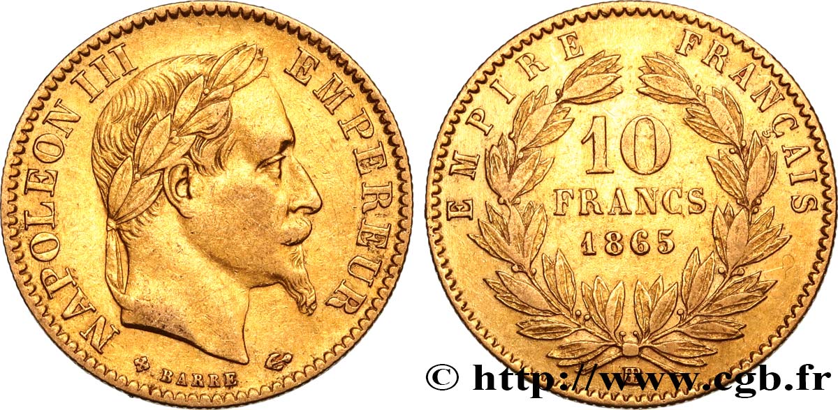 10 francs or Napoléon III, tête laurée 1865 Strasbourg F.507A/10 SS40 