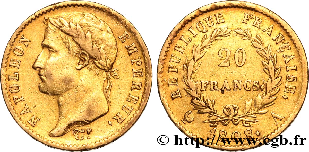 20 francs or Napoléon tête laurée, République française 1808 Paris F.515/2 MBC45 